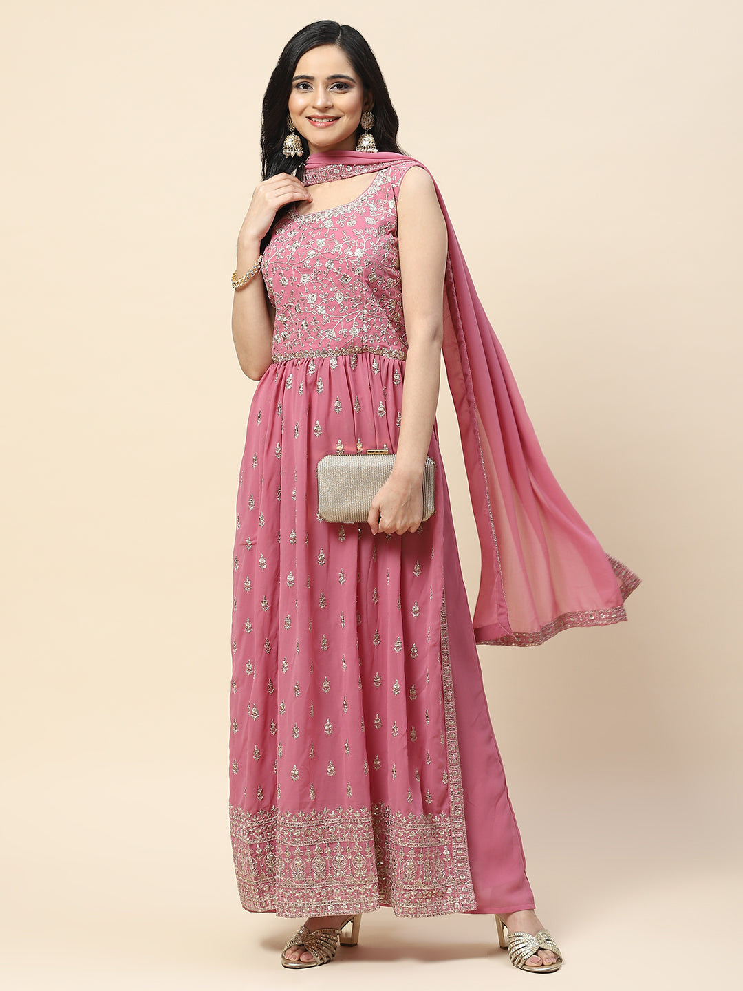 Zari Booti Embroidered Georgette Kurta With Palazzo &amp; Dupatta