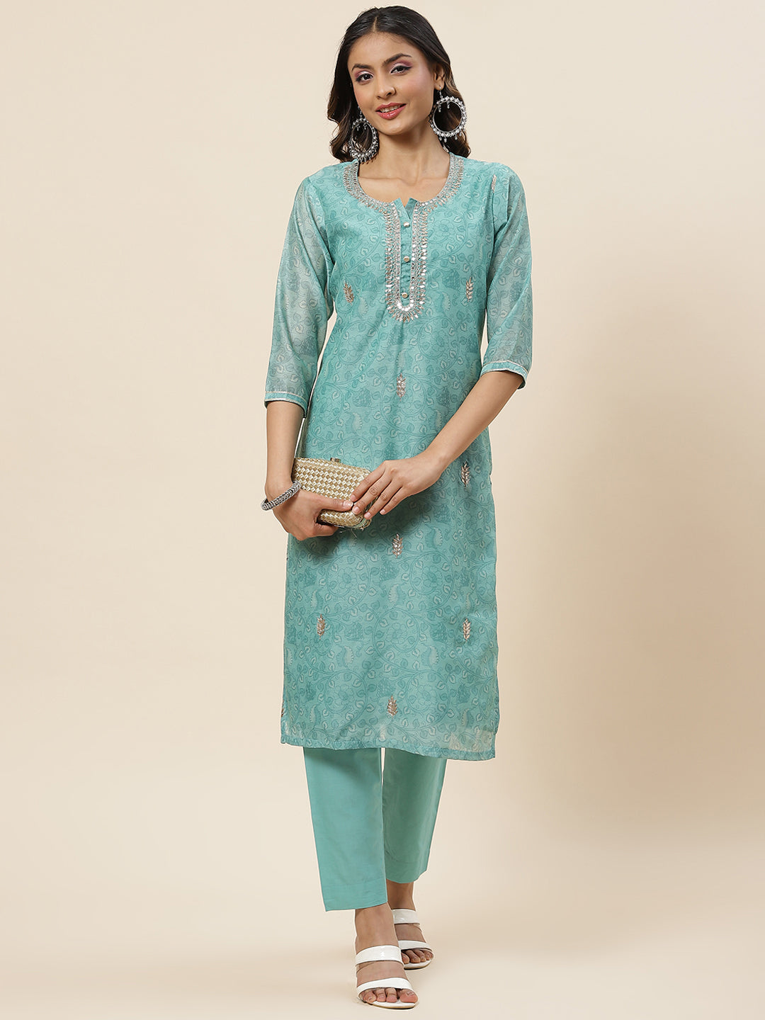 Printed &amp; Neck Embroidered Chanderi Kurta With Pants