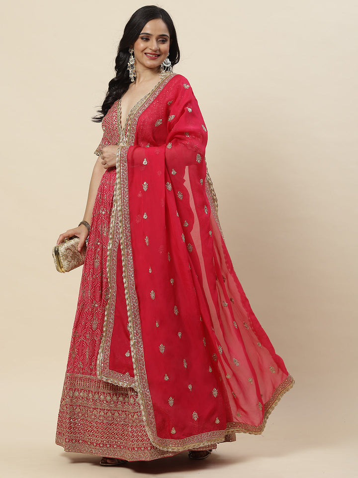 Zari Booti Embroidered Georgette Choli With Lehenga &amp; Dupatta