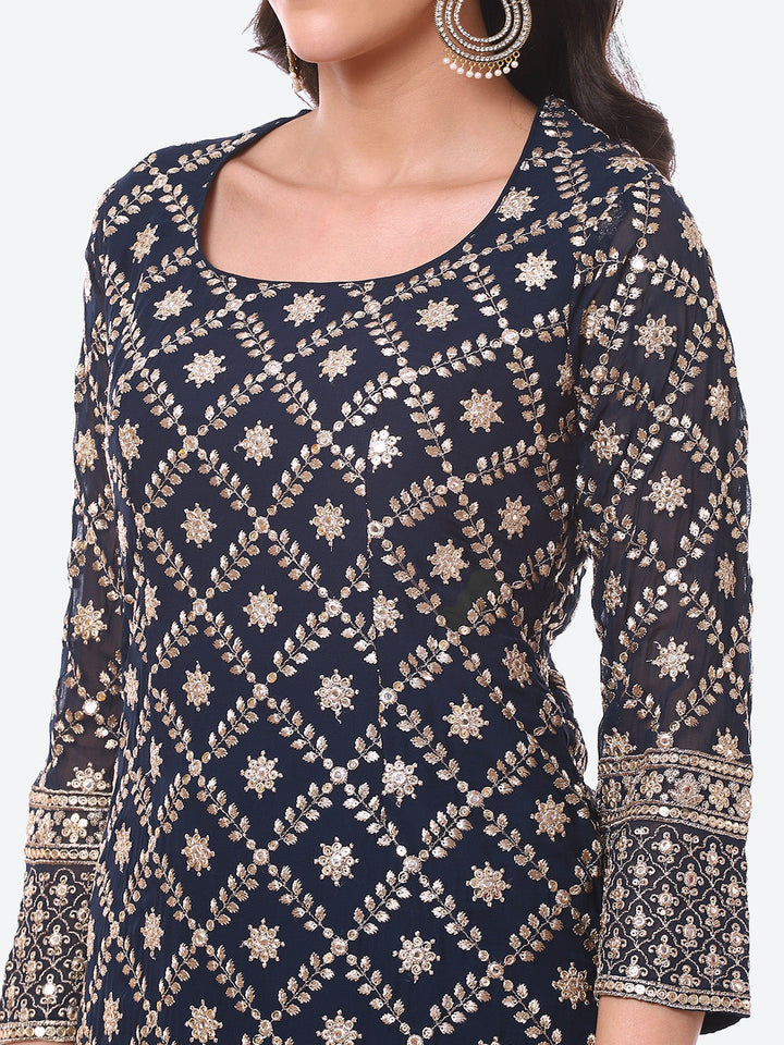 Zari Zaal Embroidered Georgette Kurti With Sharara &amp; Dupatta