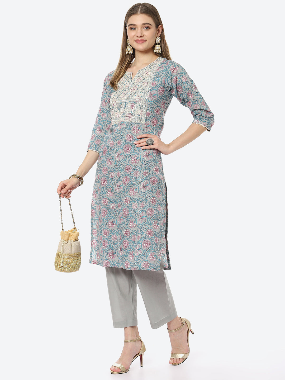 Resham Neck Embroidered Printed Chanderi Kurta With Pant