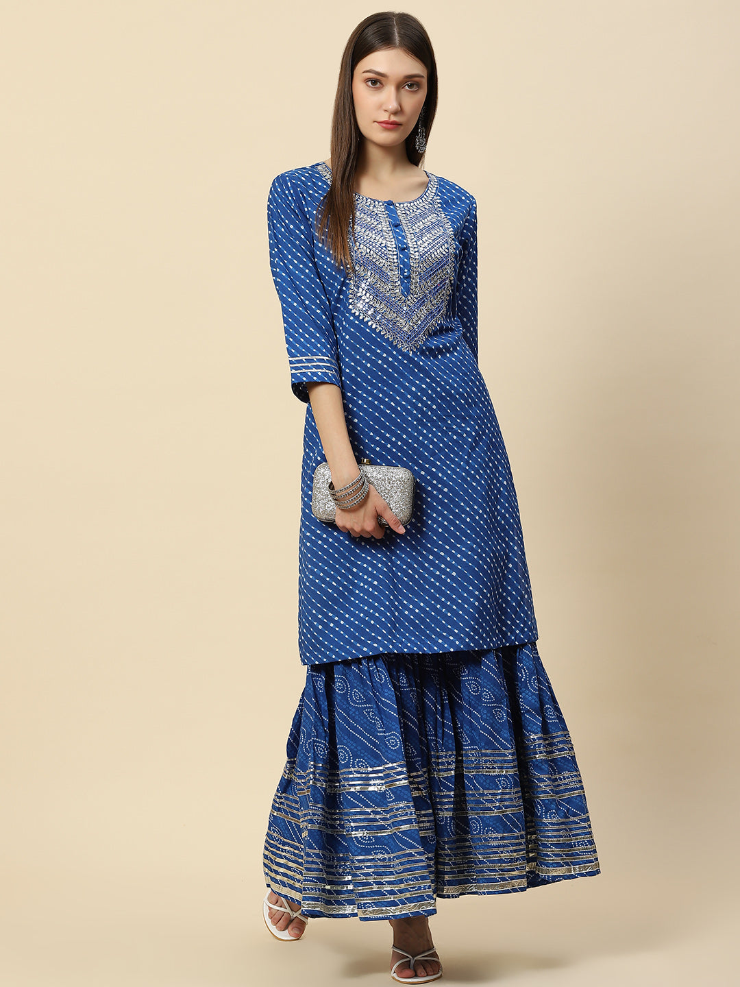 Leheriya Printed &amp; Embroidered Cotton Kurta With Sharara