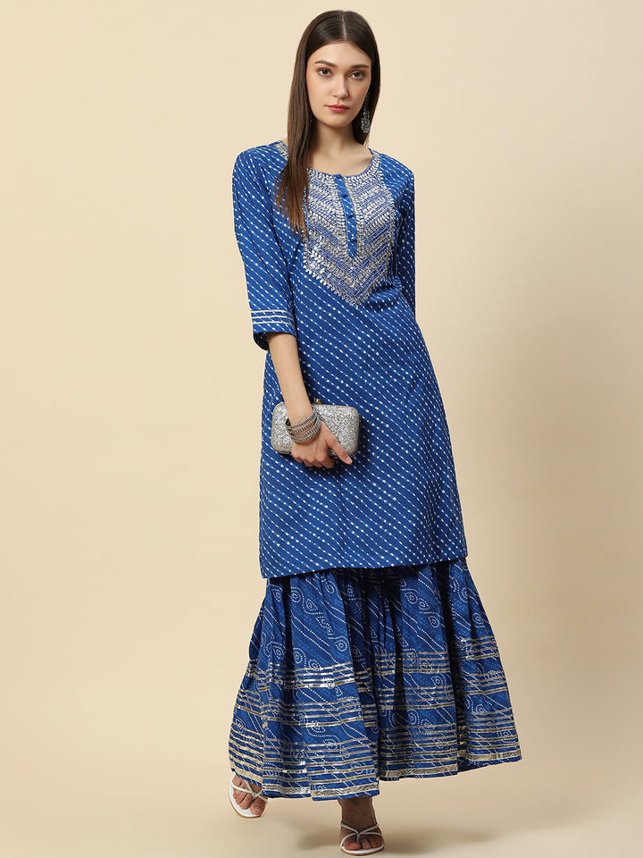 Leheriya Printed &amp; Embroidered Cotton Kurta With Sharara