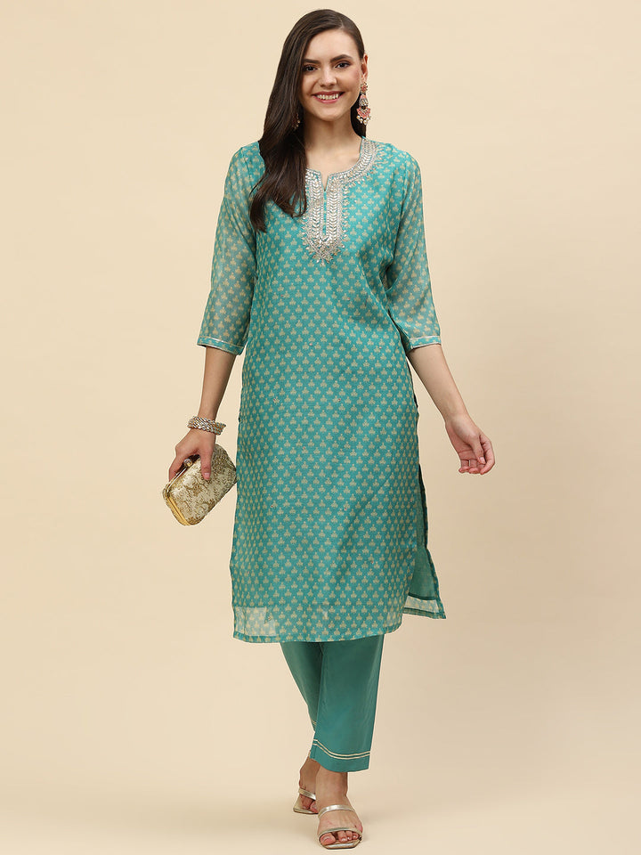 Gota Neck &amp; Printed Chanderi Kurta With Pants