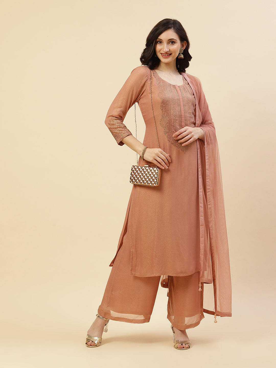 Embroidered Georgette Kurti With Palazzo And Dupatta