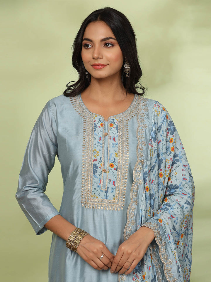 Neck Embroidered Chanderi Kurta With Pants &amp; Dupatta