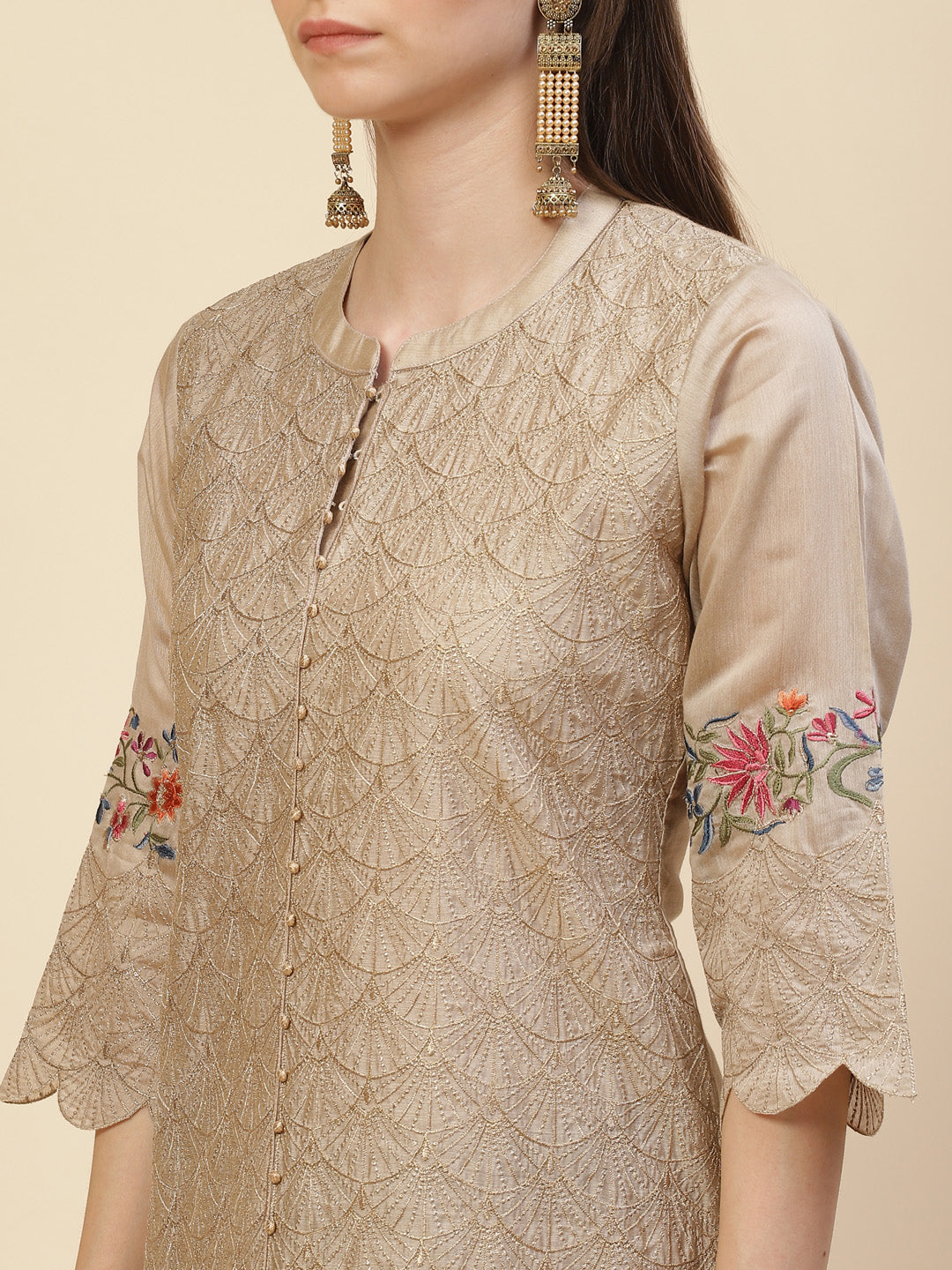Zari Embroidered Cotton Kurta With Pants &amp; Dupatta