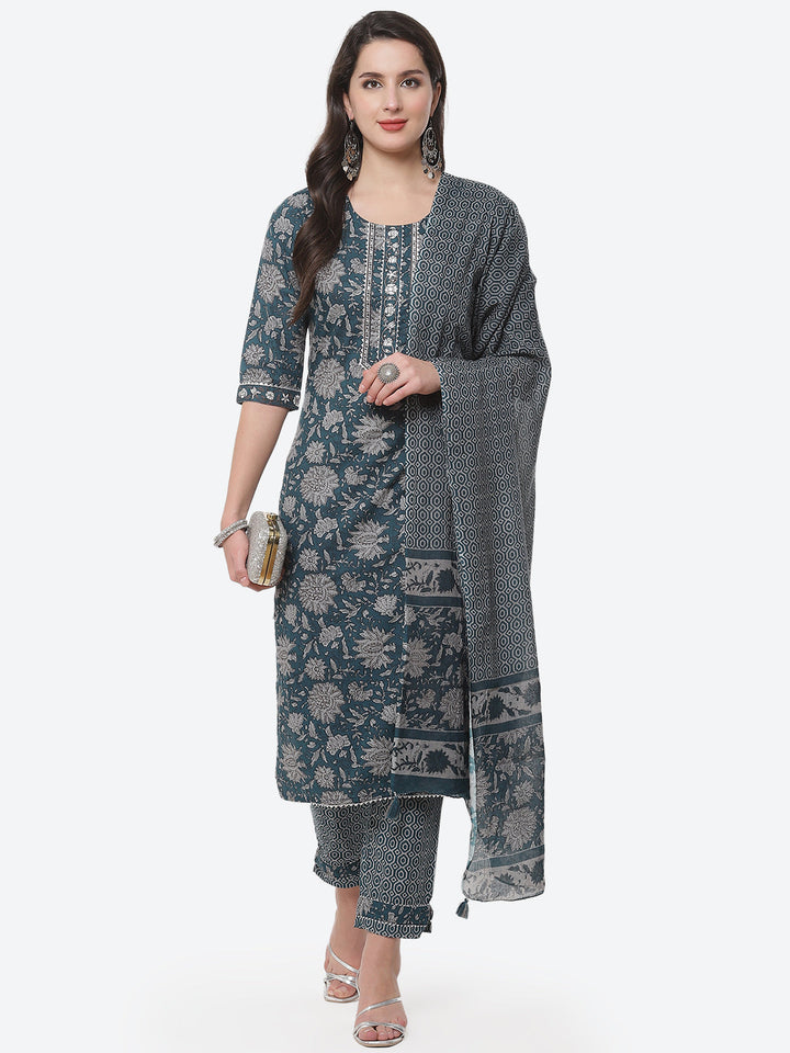 Floral Printed Cotton Stitched Salwar Kameez With Printed Dupatta