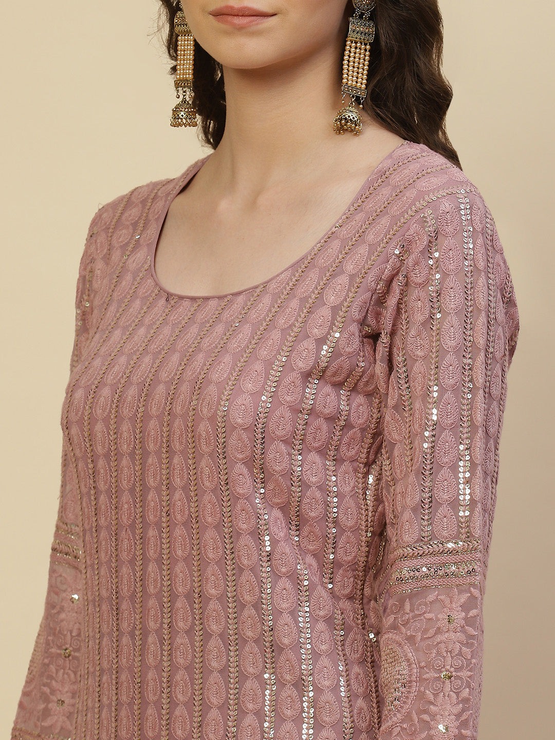 Resham Sequin Embroidered Georgette Kurta With Palazzo &amp; Dupatta