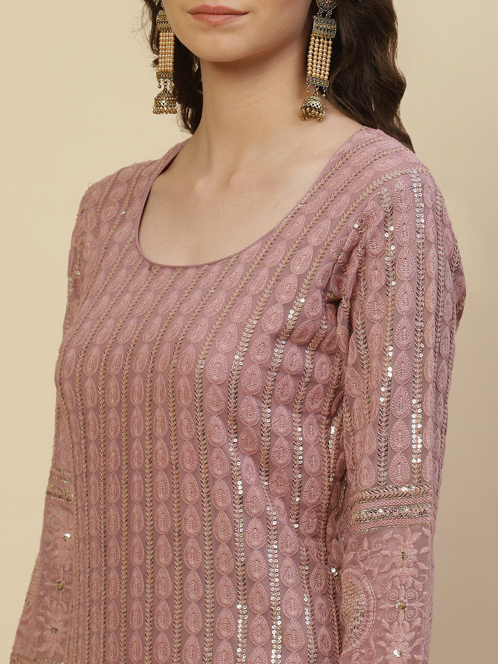 Resham Sequin Embroidered Georgette Kurta With Palazzo &amp; Dupatta