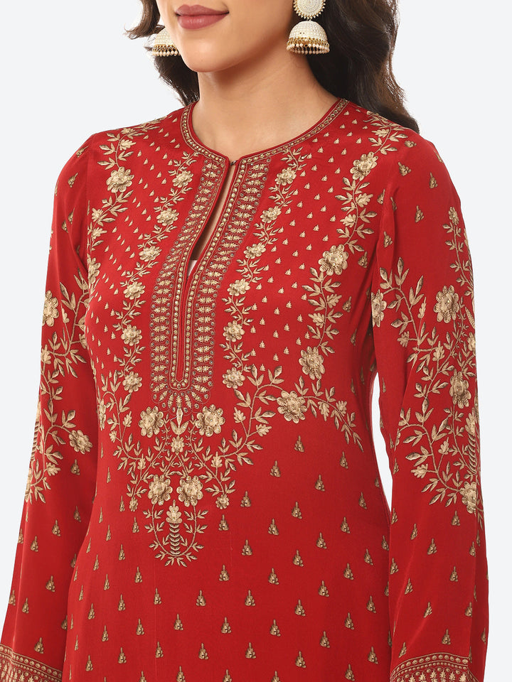 Floral Digital Printed Crepe Kurta With Palazzo &amp; Georgette Dupatta