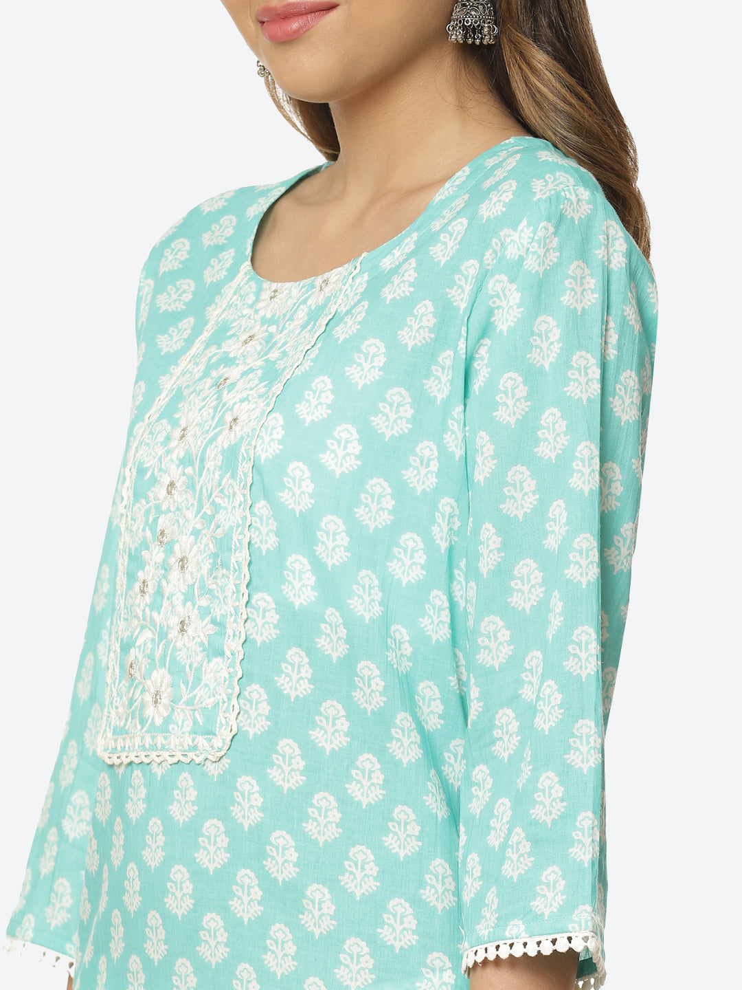 Floral Printed Cotton Kurta With Pant &amp; Dupatta