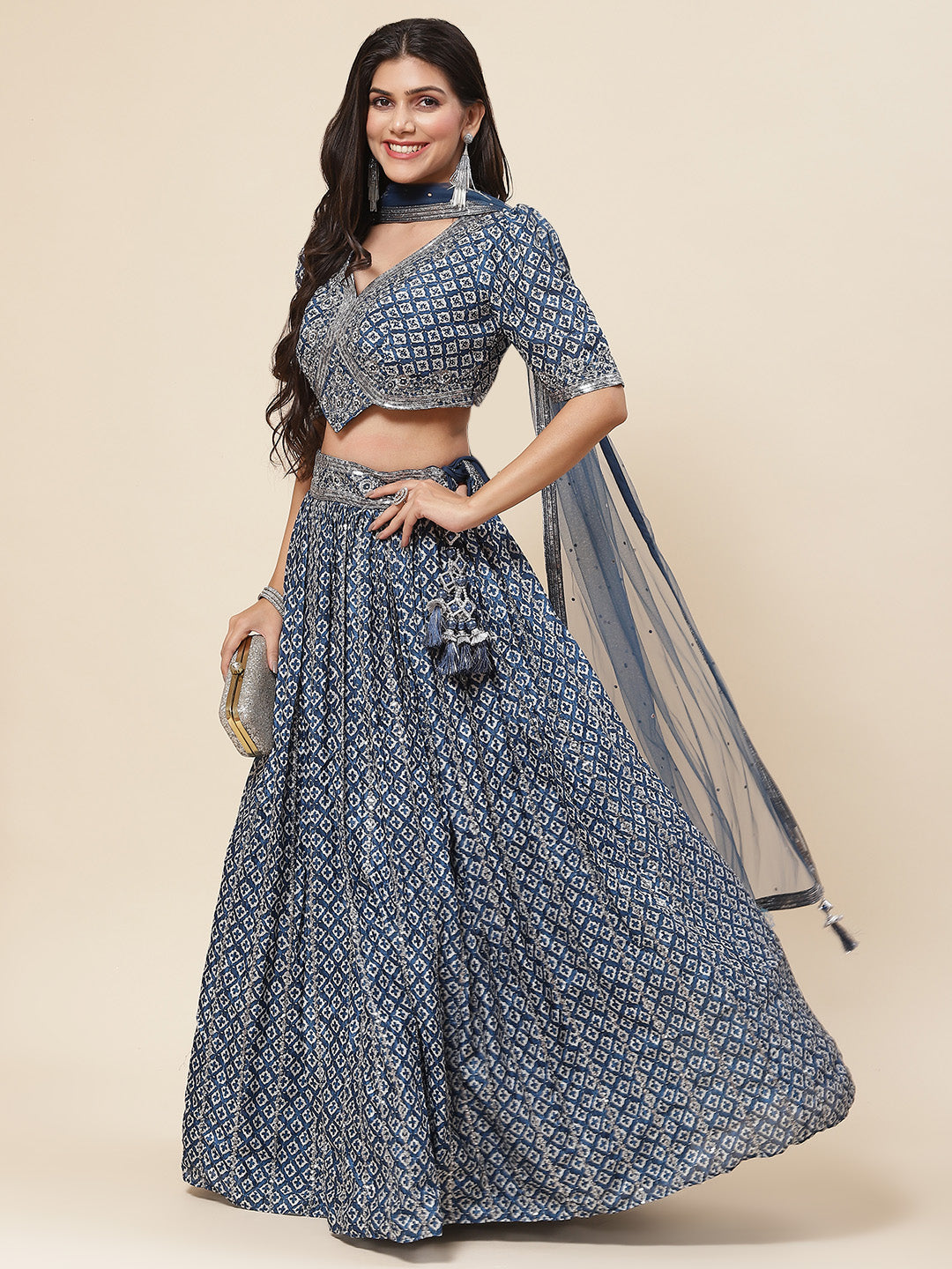Printed Sequin Embroidered Crepe Choli With Lehenga &amp; Net Dupatta