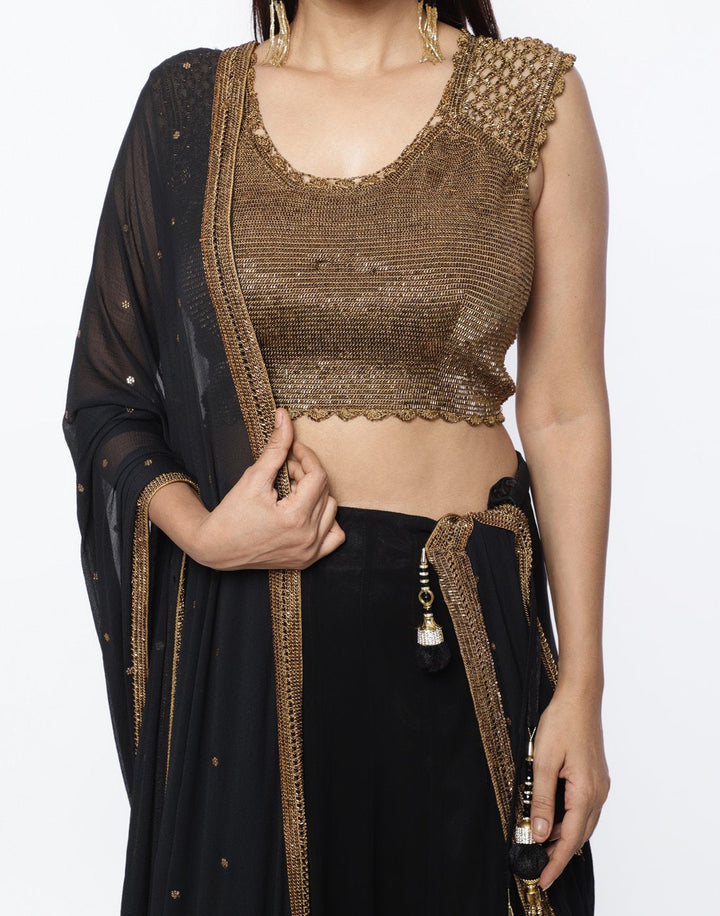 MBZ Meena Bazaar-Black Crochet Georgette Lehenga