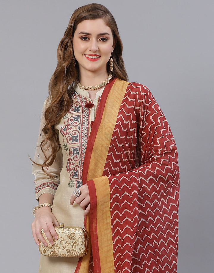 Embroidered Cotton Kurta With Pant &amp; Chanderi Dupatta