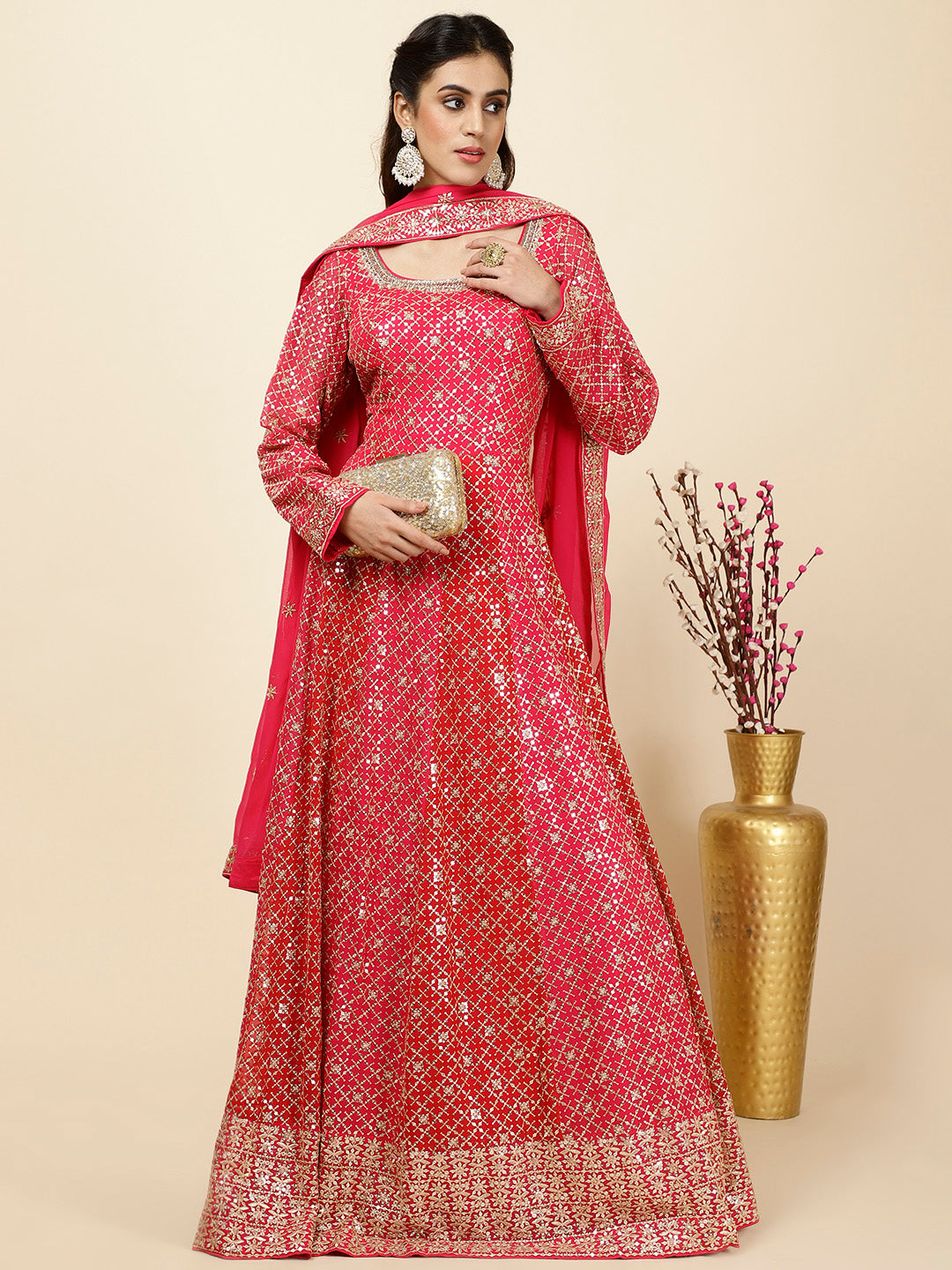 Zari Jaal Embroidered Georgette Kurta With Churidar &amp; Dupatta