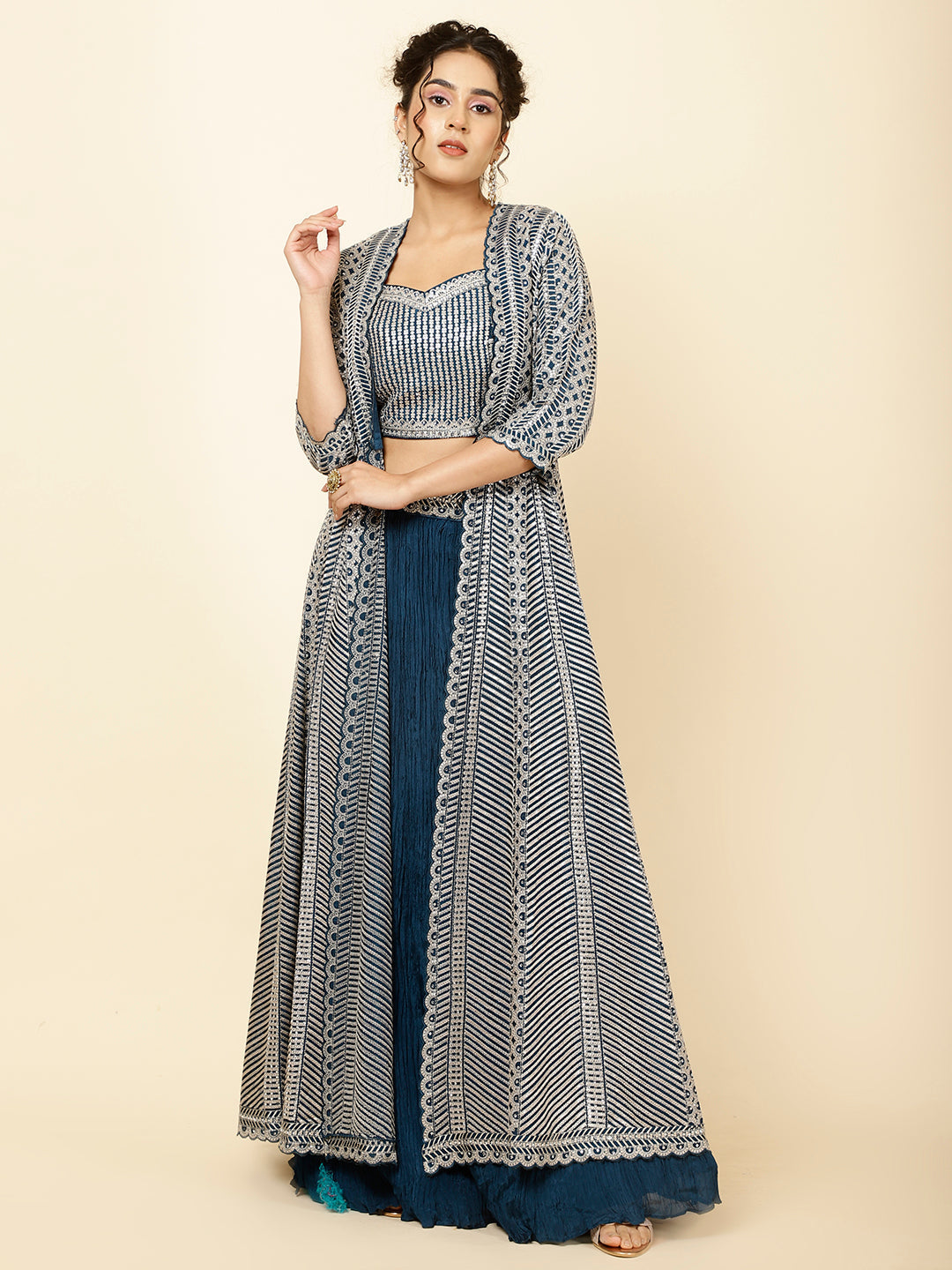 Sequin Embroidered Crepe Choli With Lehenga &amp; Jacket