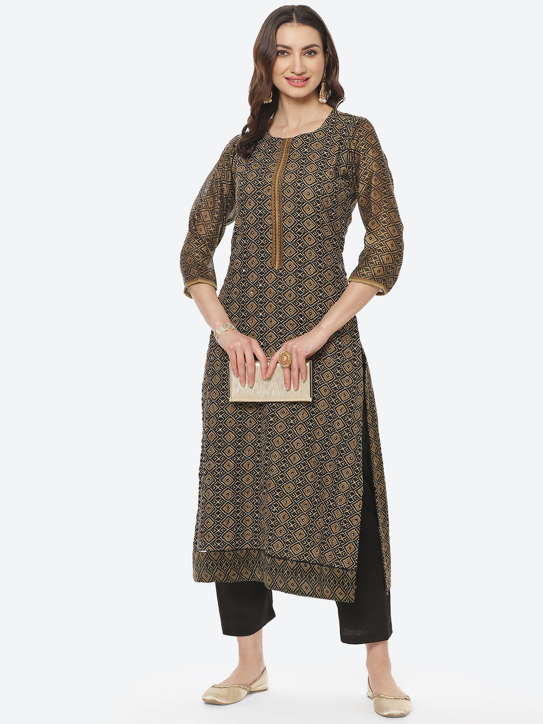 Printed Kantha Work Chanderi Kurti With Pant