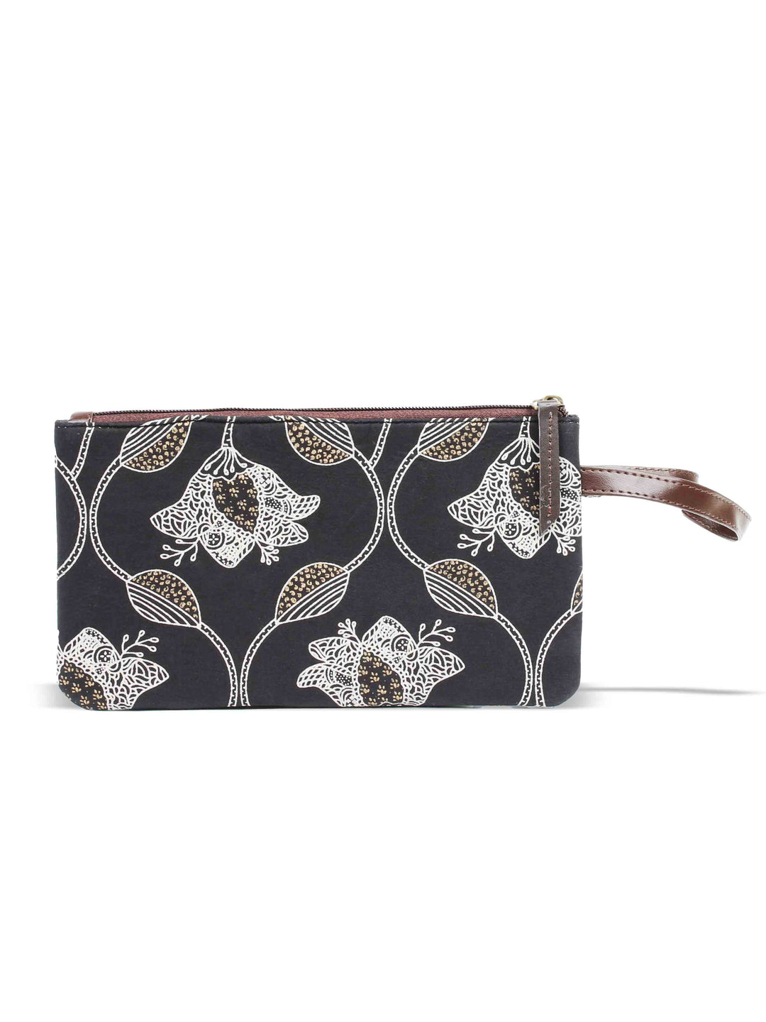 Black Printed Cotton Handbag With Pouch