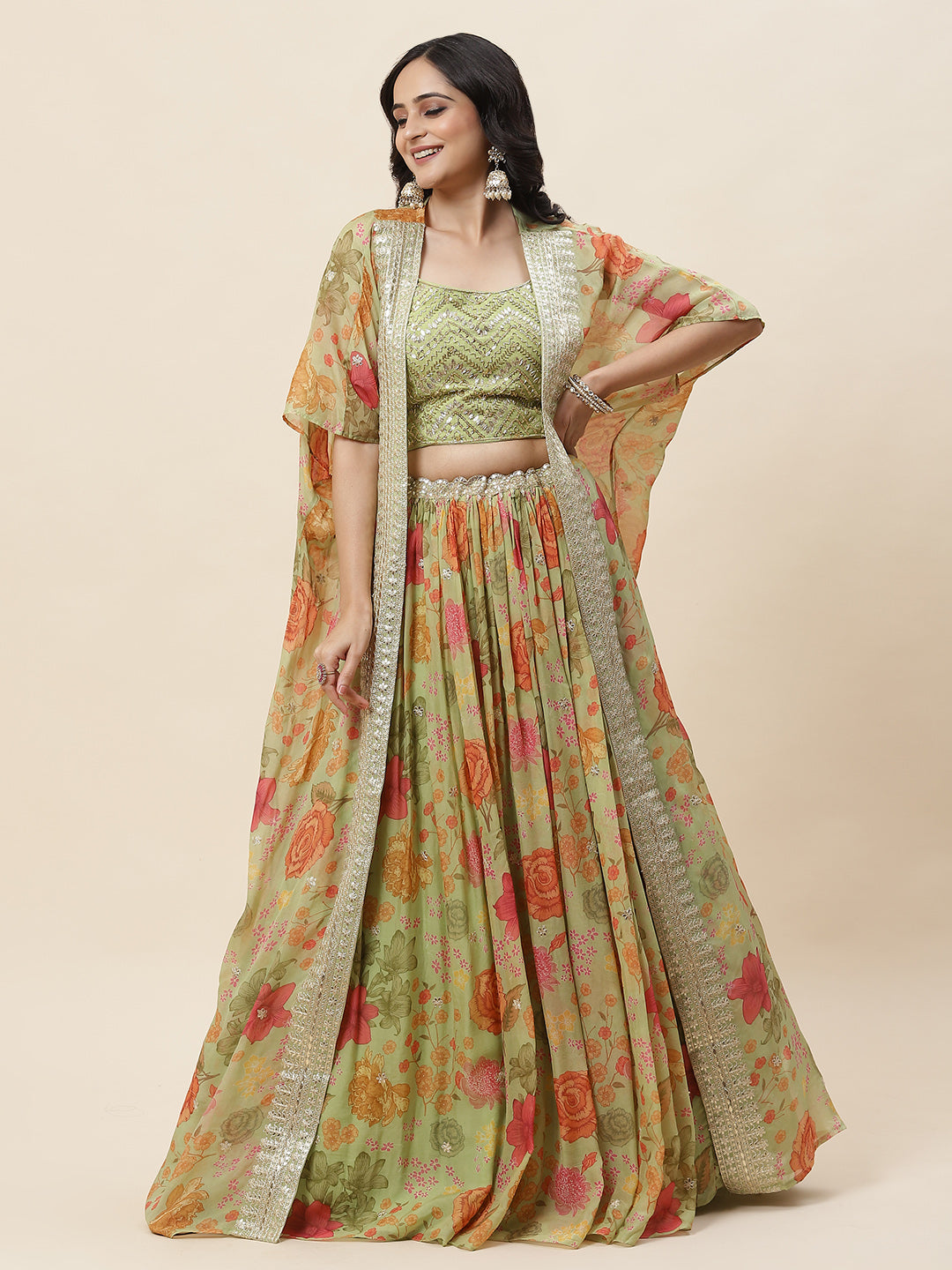 Floral Printed Organza Choli With Lehenga &amp; Cape
