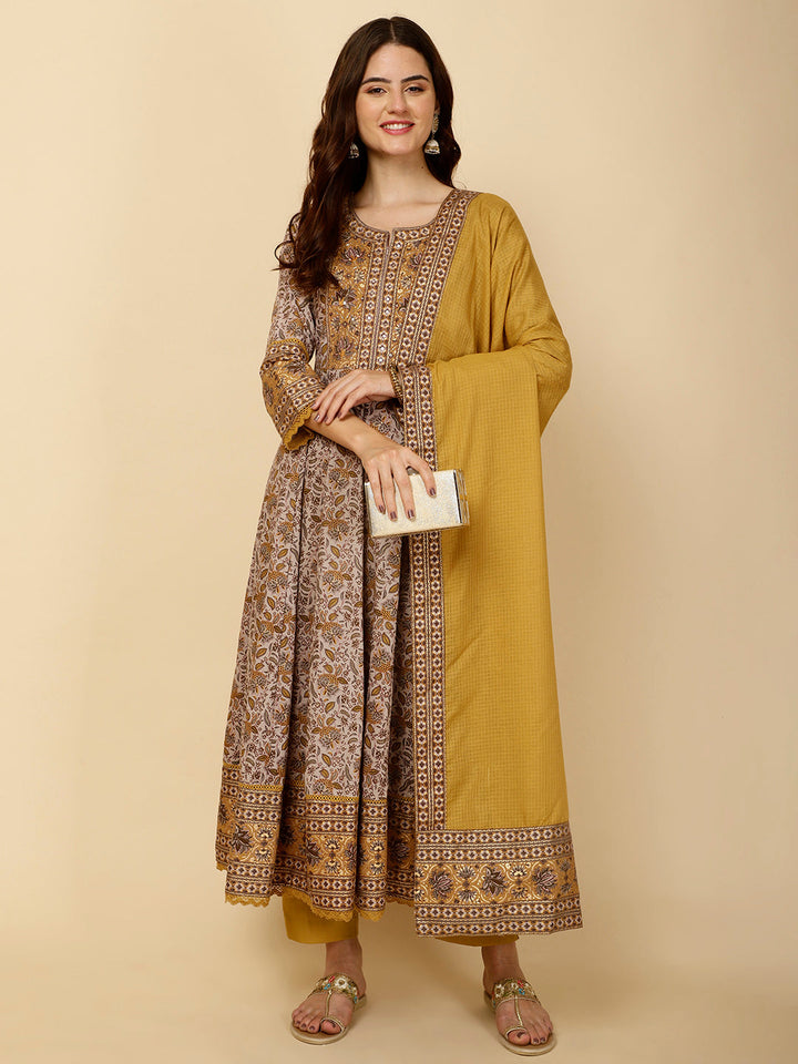 Floral Block Printed Anarkali Kurta With Pants &amp; Dupatta