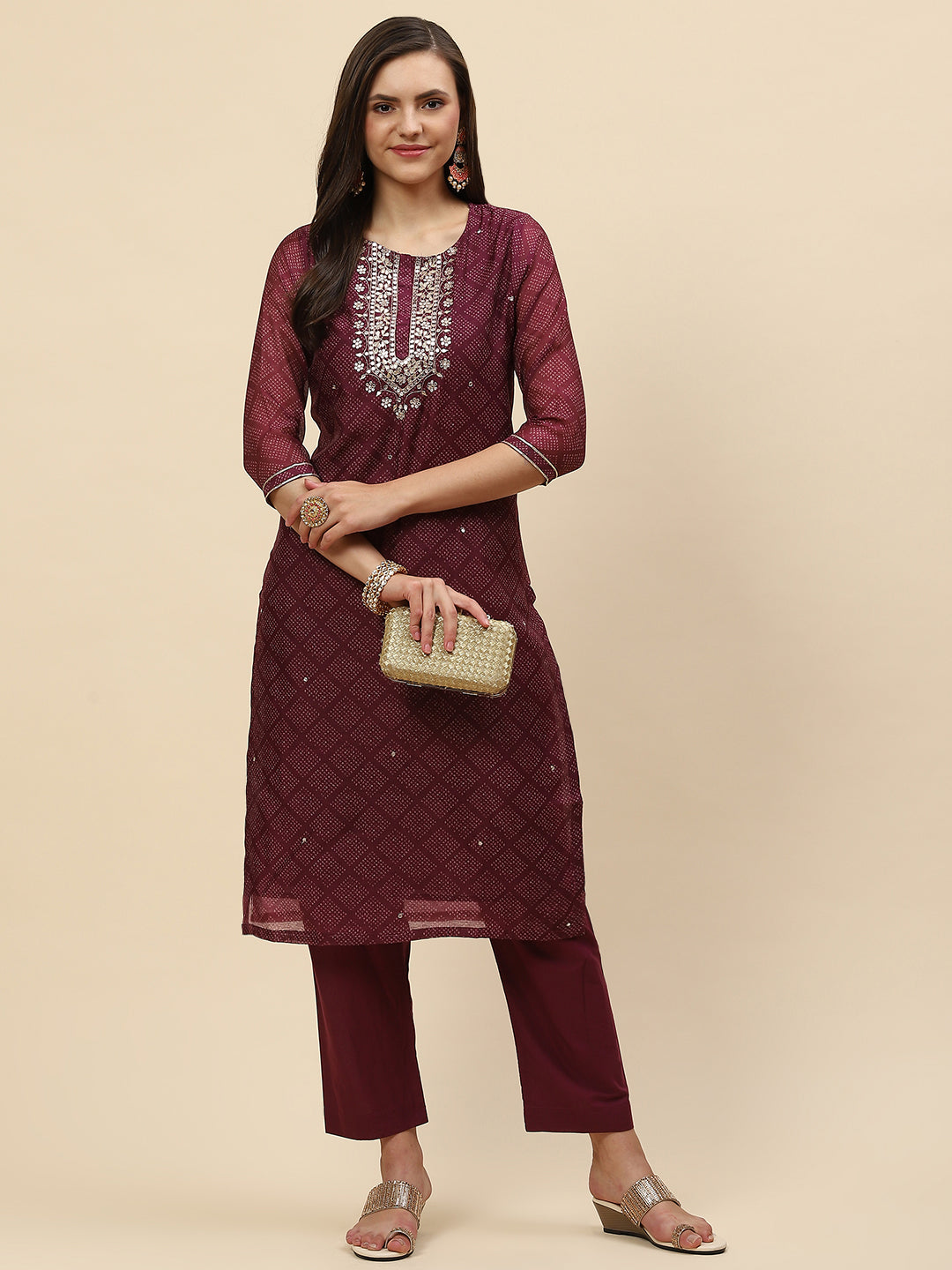 Mirror Embroidered &amp; Printed Chanderi Kurta With Pants