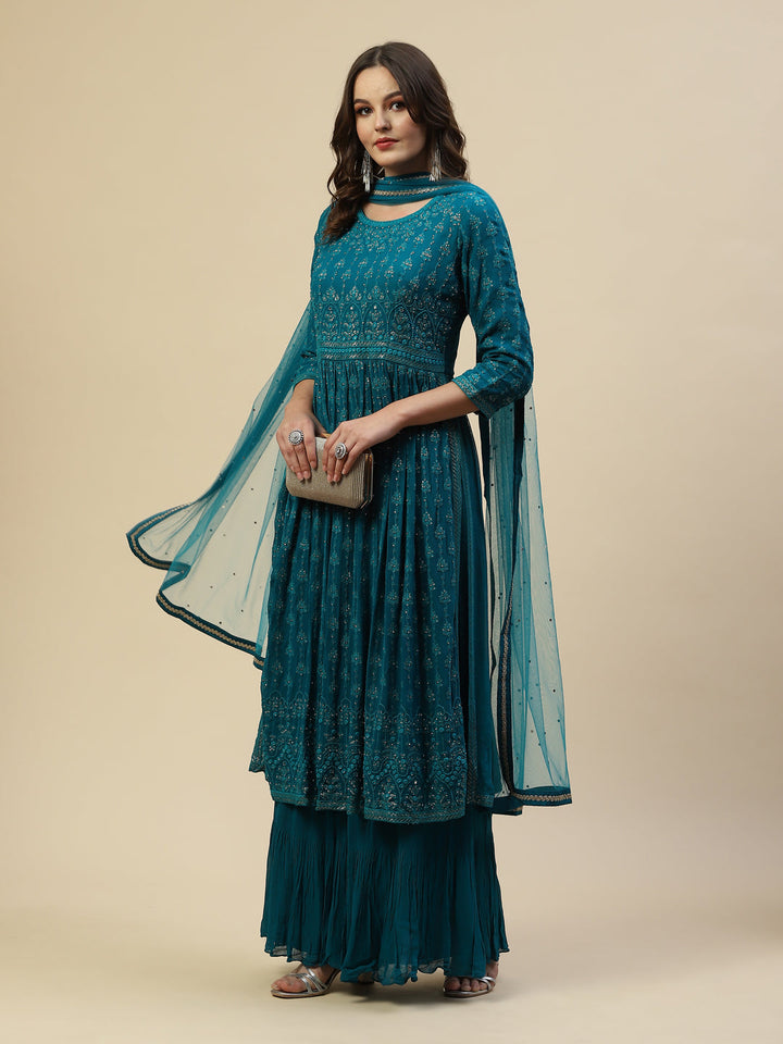 Embroidered Georgette Kurta With Palazzo &amp; Dupatta