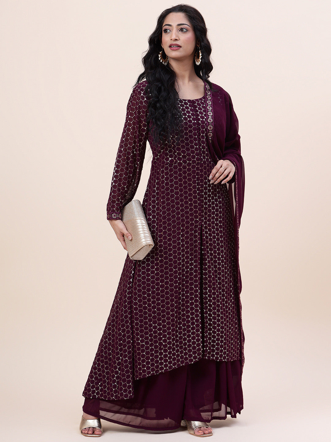 Sequin Embroidered Georgette Kurta With Palazzo &amp; Dupatta