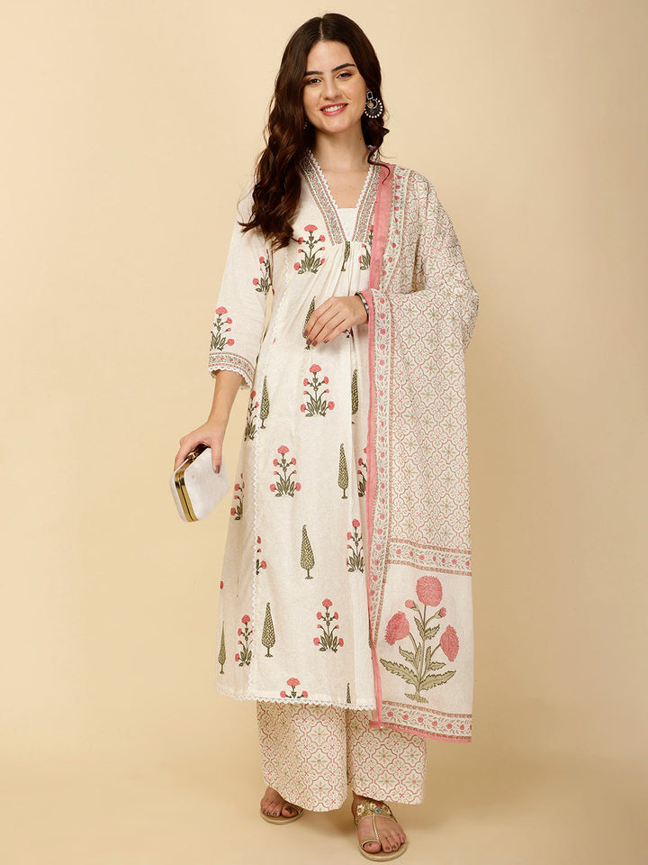 Block Printed Cotton Kurta With Palazzo &amp; Dupatta