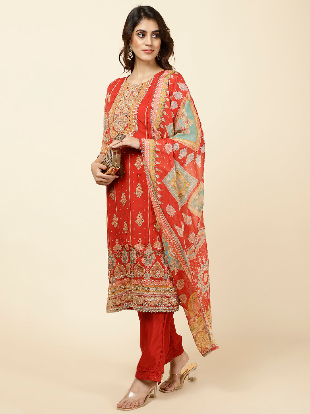 Floral Printed Georgette Kurta With Pants &amp; Dupatta