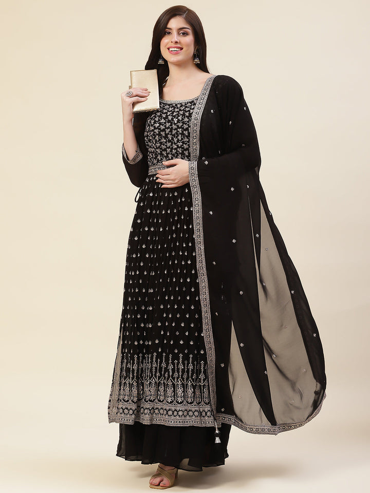 Zari Embroidered Georgette Kurta With Pants &amp; Dupatta