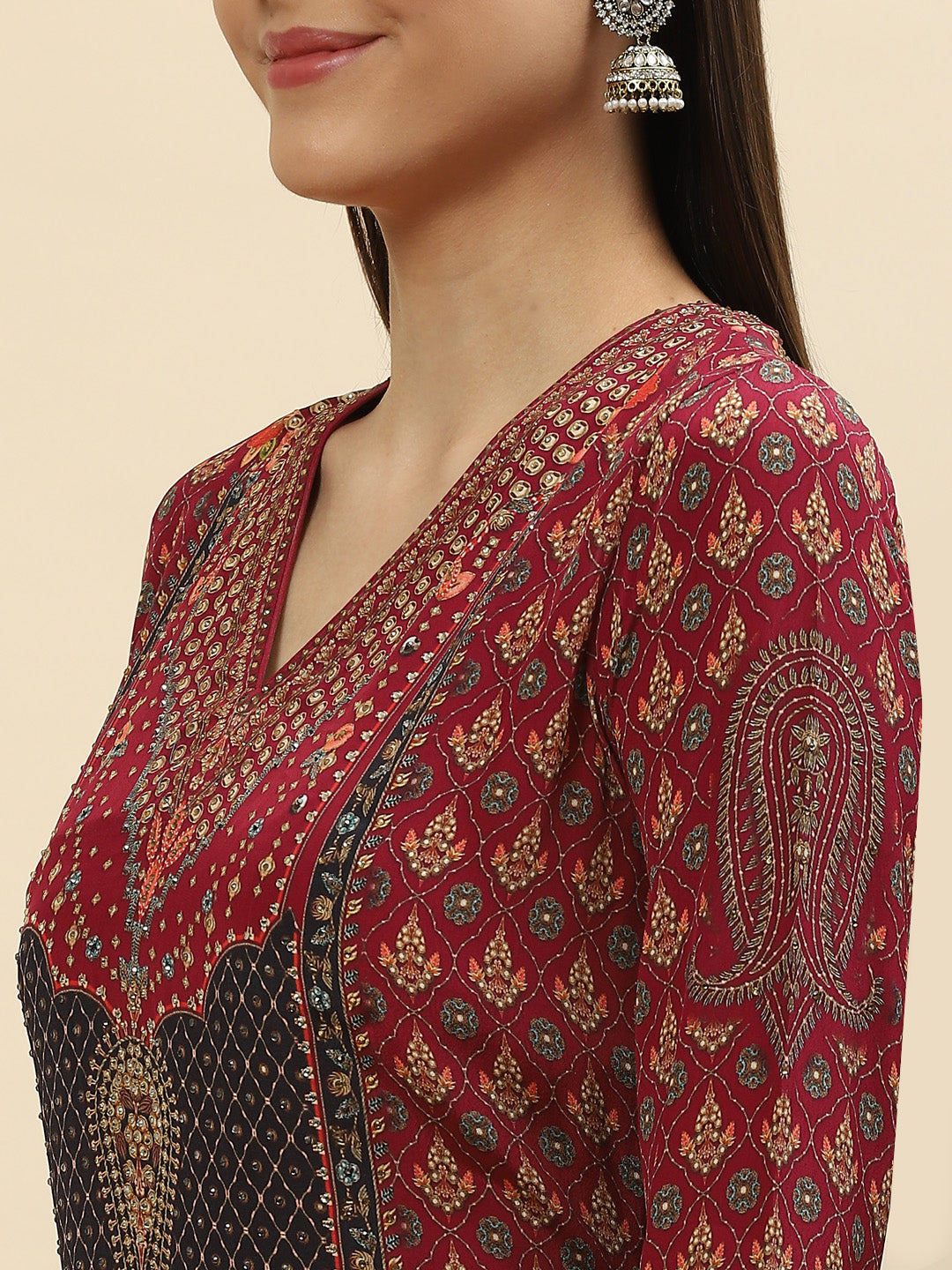 Digital Printed Crepe Kurta With Palazzo &amp; Net Dupatta