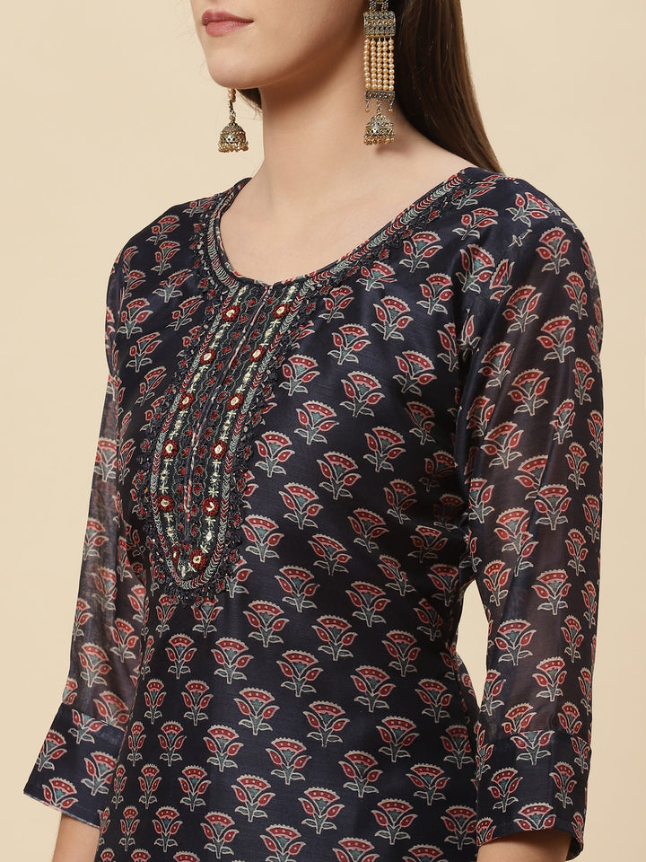 Printed Chanderi Kurta With Pants &amp; Dupatta