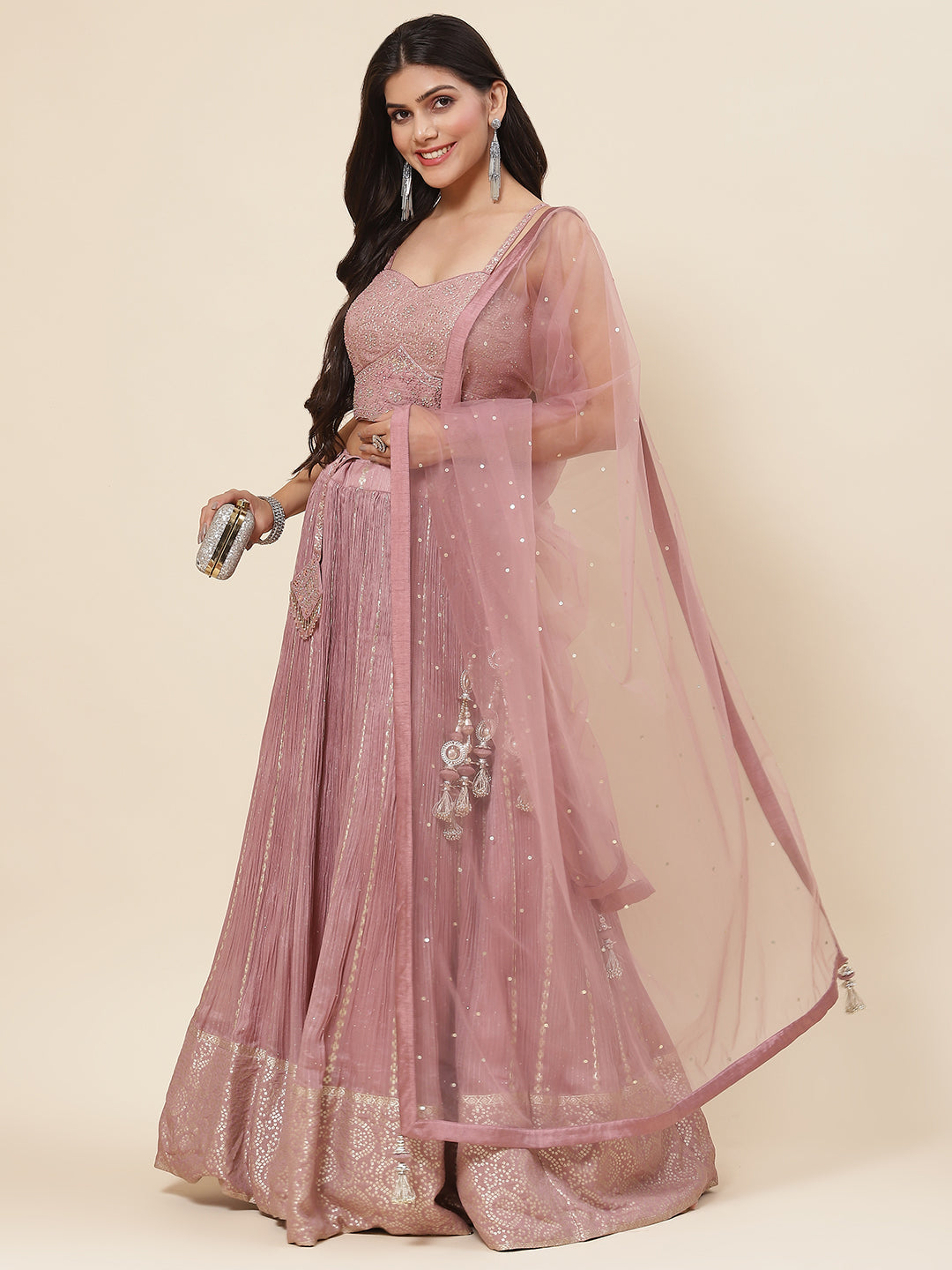 Sequin Embroidered Georgette Choli With Lehenga &amp; Dupatta