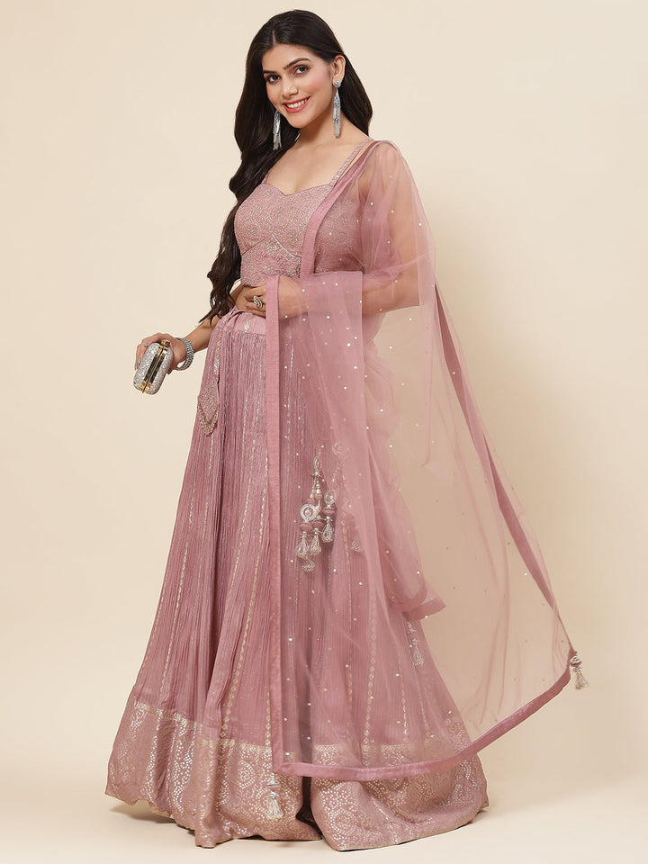 Sequin Embroidered Georgette Choli With Lehenga &amp; Dupatta
