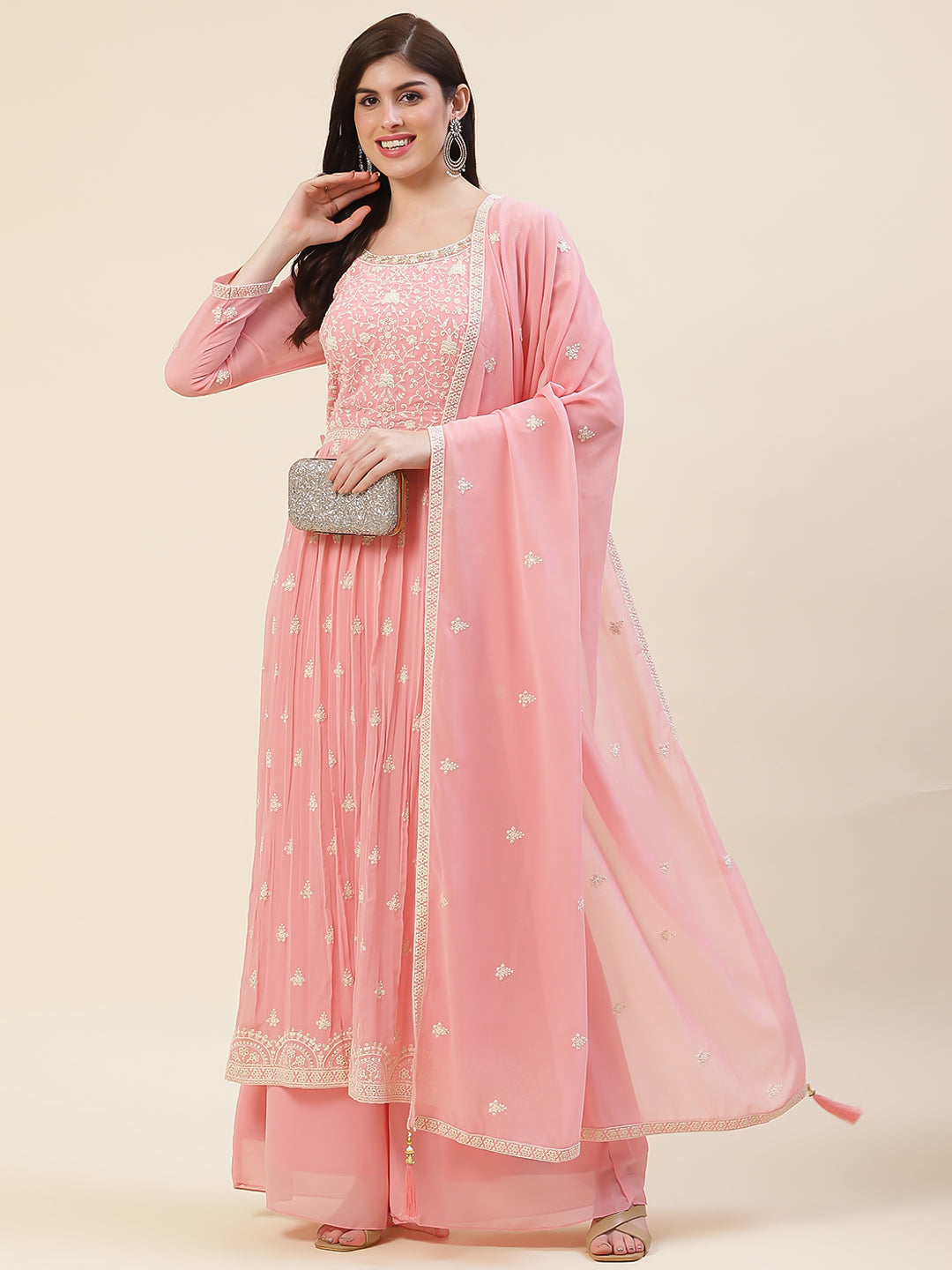 Resham Embroidered Booti Georgette Kurta With Palazzo &amp; Dupatta