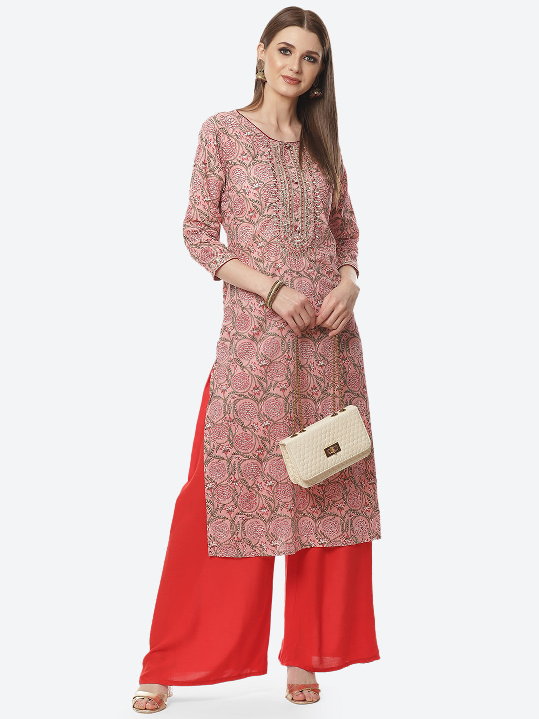 Printed Neck Embroidered Cotton Kurti