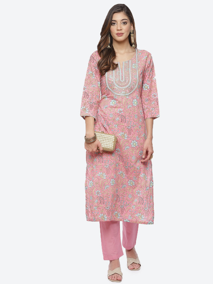 Zari Neck Embroidered Cotton Kurta With Pant