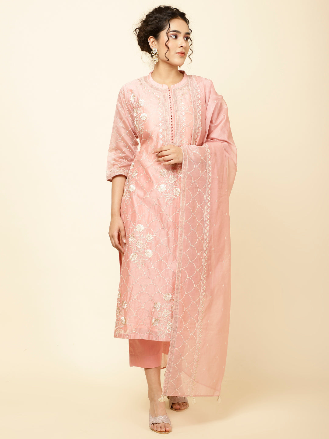 Embroidered Chanderi Kurta With Pants &amp; Dupatta