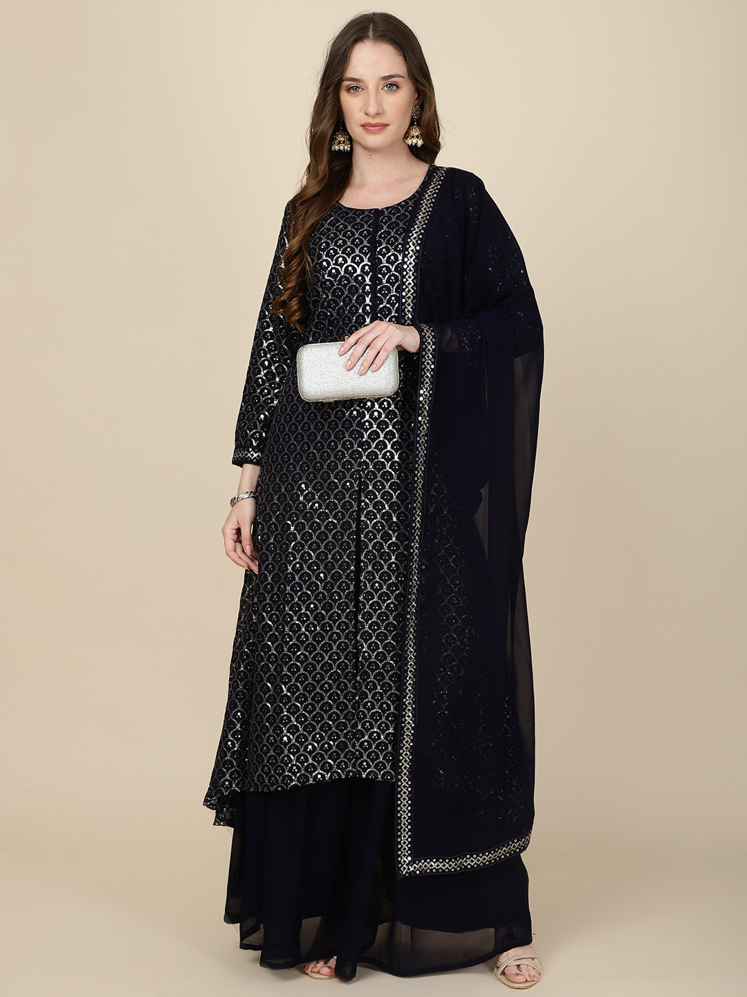 Resham Sequin Embroidery Georgette Kurta With Sharara &amp; Dupatta