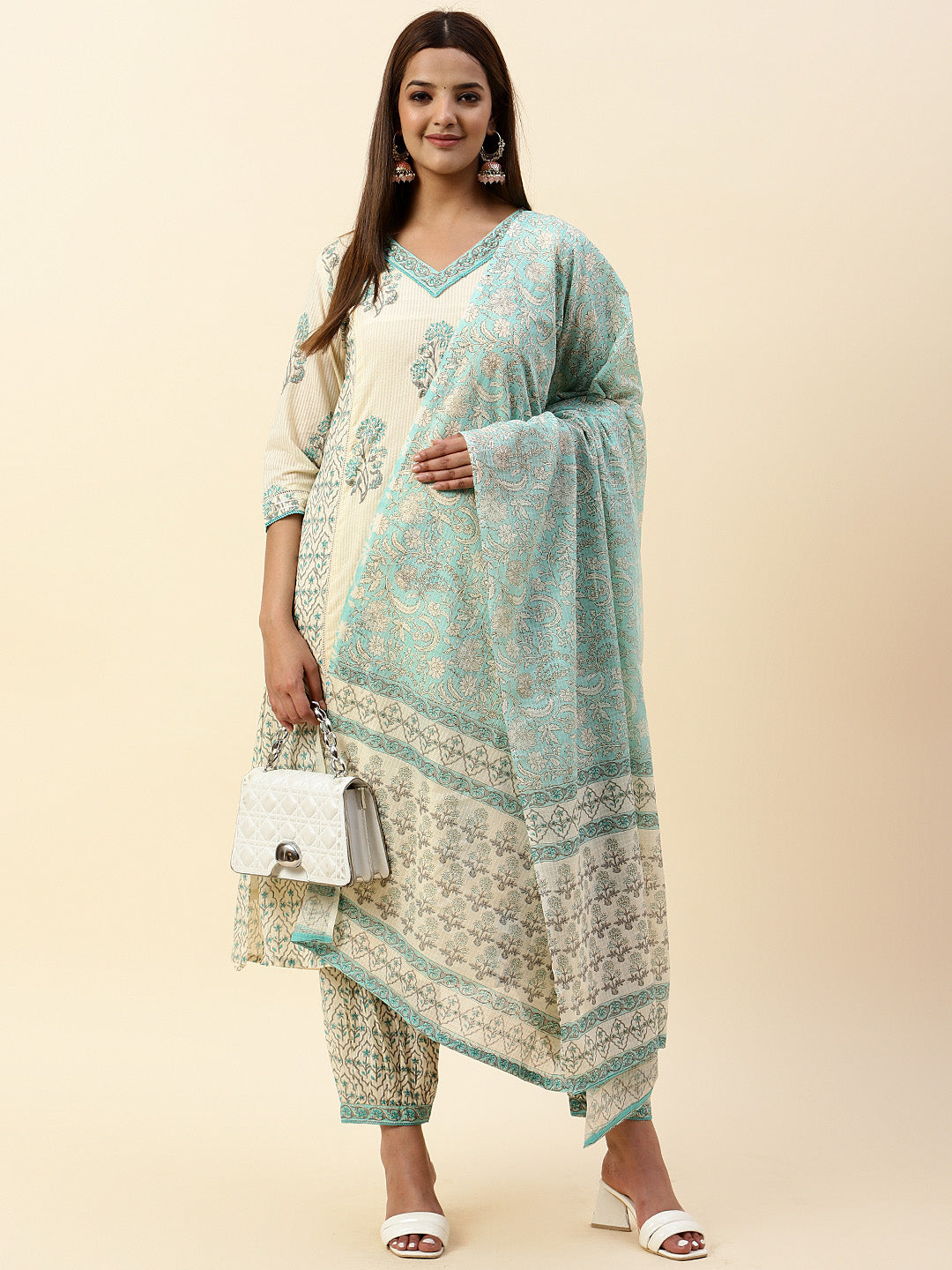 Printed Cotton Kurta With Pants &amp; Dupatta