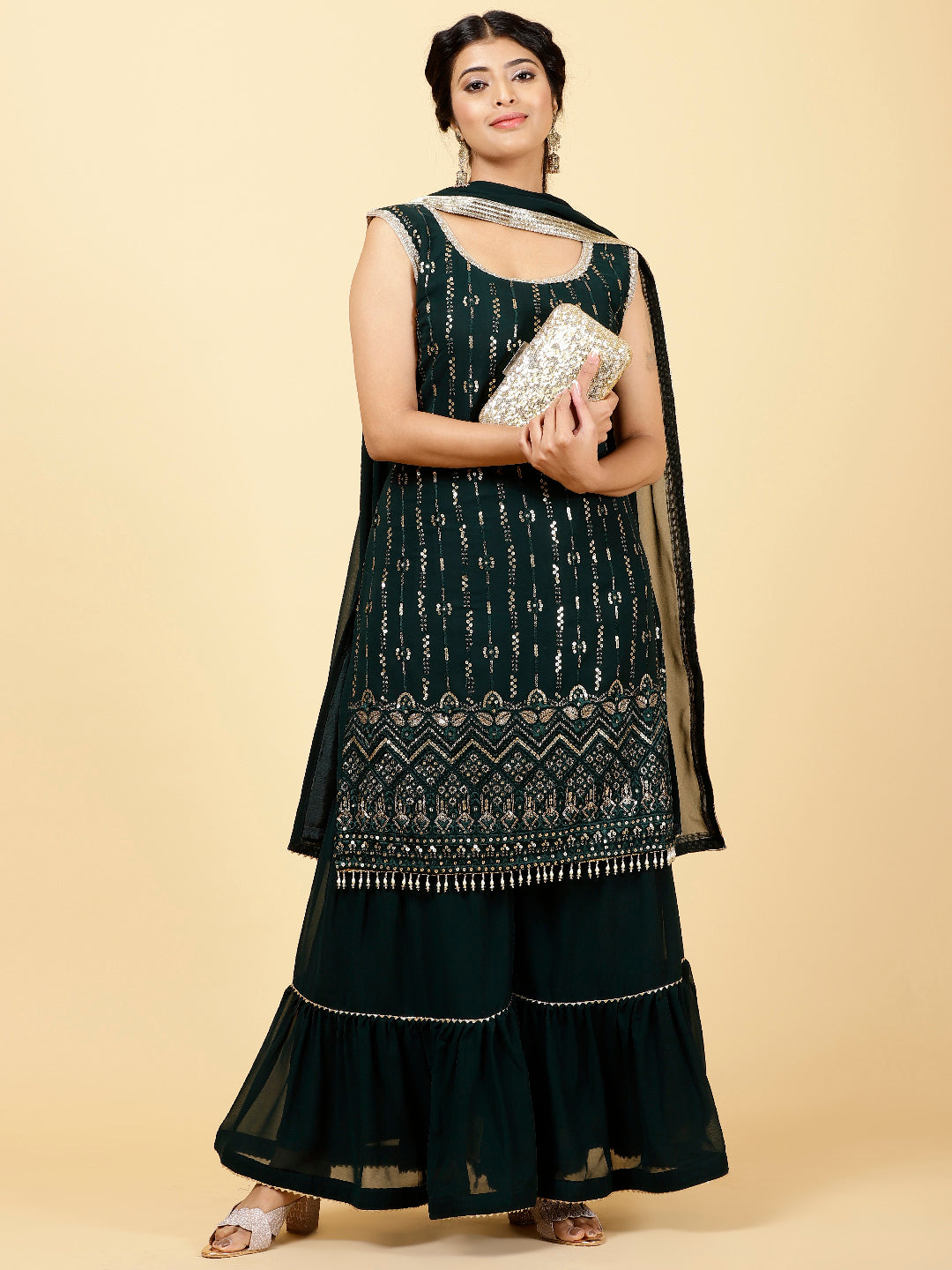 Sequen Georgette Kurta With Garara &amp; Dupatta