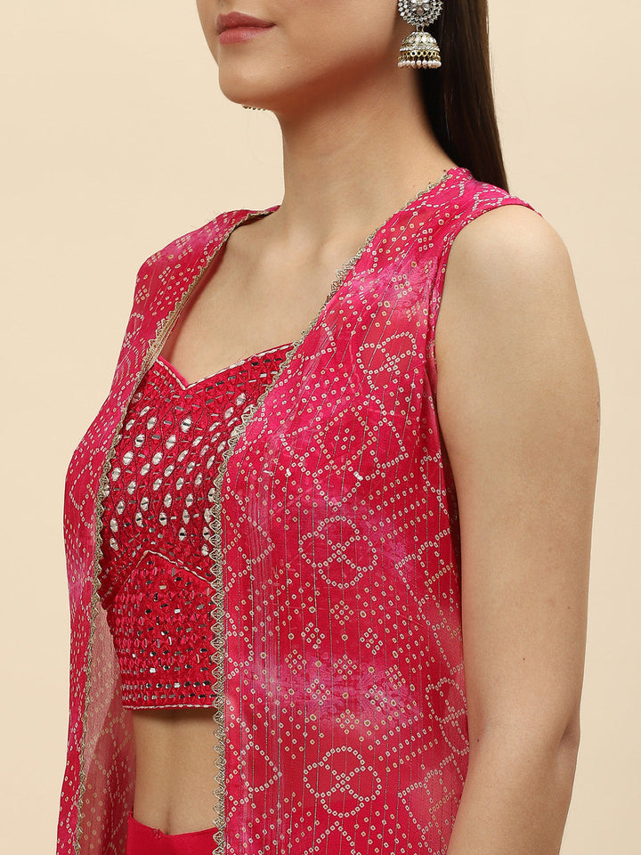 Bandhani Printed Georgette Crop Top With Palazzo &amp; Jacket