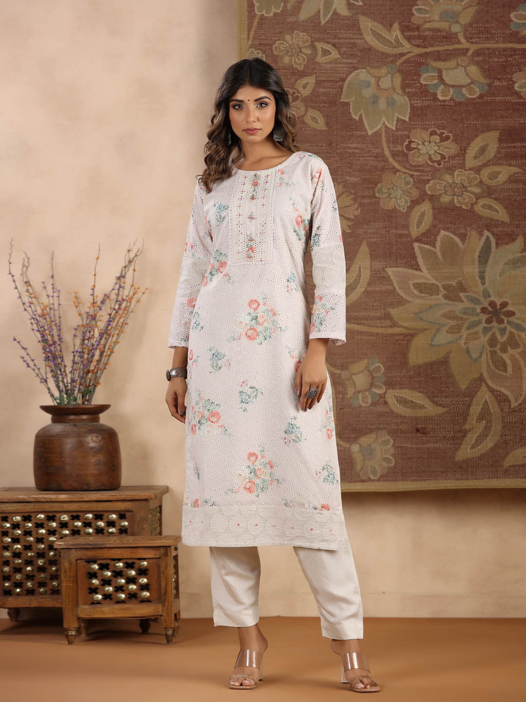 Printed Cotton Kurta With Pants &amp; Dupatta