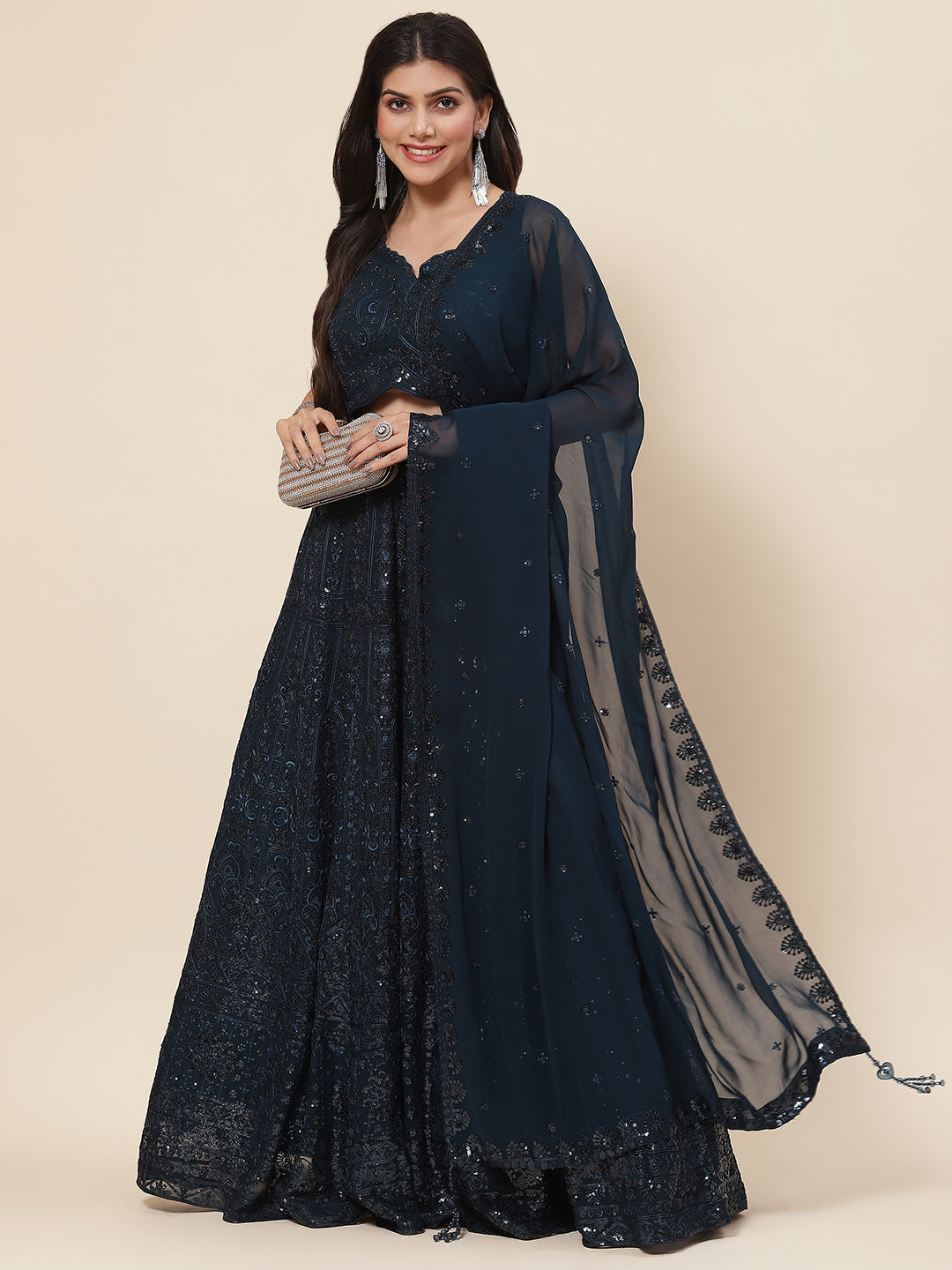 Sequin Embroidered Georgette Choli With Lehenga &amp; Dupatta