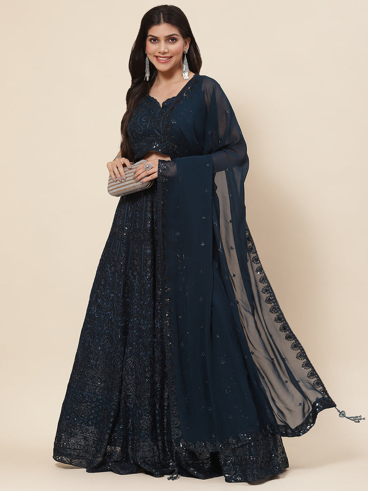 Sequin Embroidered Georgette Choli With Lehenga &amp; Dupatta