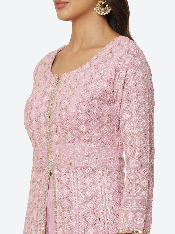 Thread Work Georgette Kurta With Palazzo &amp; Net Dupatta