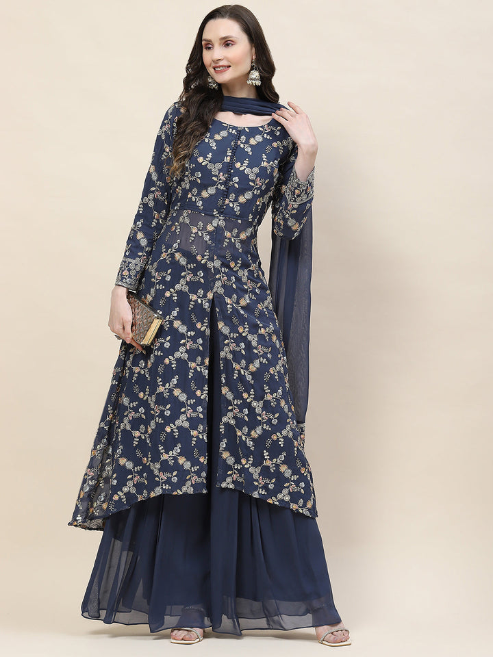 Resham Sequin Embroidery Georgette Kurta With Sharara &amp; Dupatta