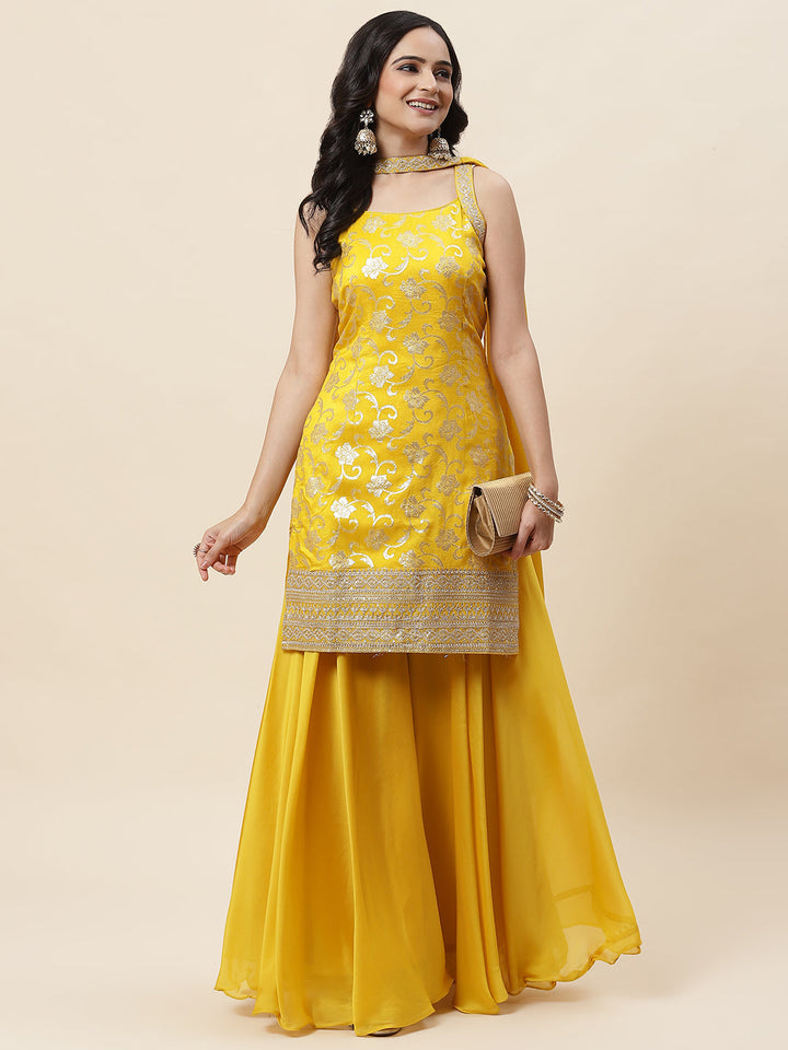 Floral Woven Georgette Kurta With Sharara &amp; Dupatta