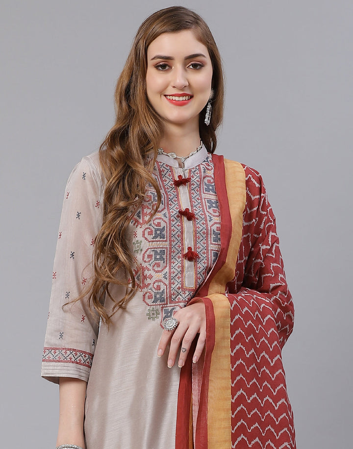 Embroidered Cotton Kurta With Pant &amp; Chanderi Dupatta